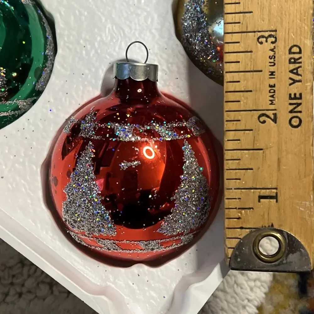 Vintage Pyramid Set of 4 Glass Ball Glitter Trees Ornaments Red Green Blue Gold